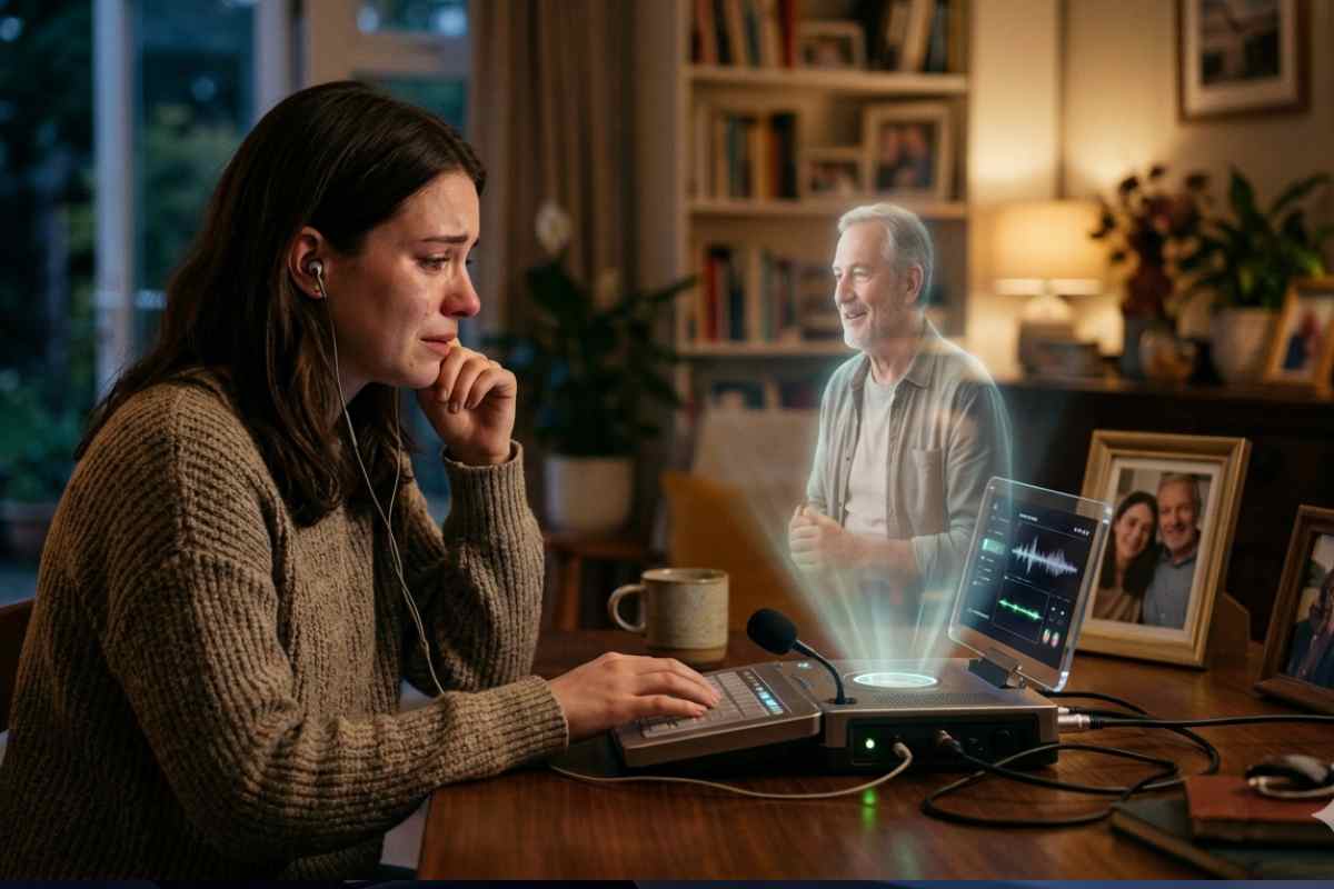 Donna piange ricordo padre